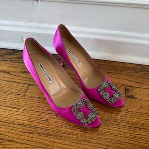 Manolo Blahnik Fuchsia Satin Heels with Crystal Buckle